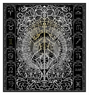 White silhouette of fantasy Zodiac sign Gemini in gothic frame on black