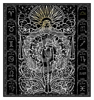 White silhouette of fantasy Zodiac sign Libra in gothic frame on black