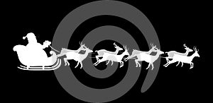 White silhouette of flying Santa Claus with reindeer on black ba