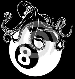 white silhouette of kraken octopus on eight ball of biliard vector illustration on white background. digital hand draw