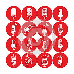 White silhouette of microphone set - microphone set with lightning and connection sign for broadcast