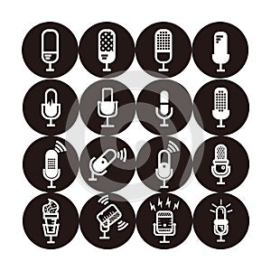 White silhouette of microphone set - microphone set with lightning and connection sign for broadcast or podcast