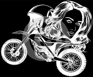 white silhouette of motor cross cartoon with with helmet and woman head. vector illustration on black background