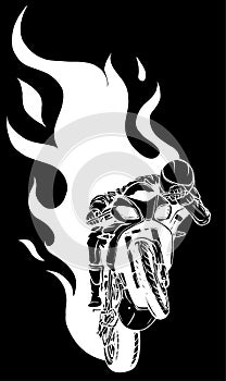 white silhouette of Motorcycle Racing with Fire on black background