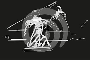 White silhouette of pianist and bass player on black background.