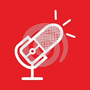 white silhouette of podcast microphone with bulb sign for broadcast music icon etc - silhouette of podcast microphone with bulb