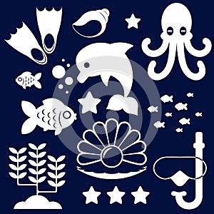 White silhouettes of different sea animals, fish and marine objects on a white background.