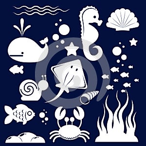 White silhouettes of different sea animals and marine objects on a white background.