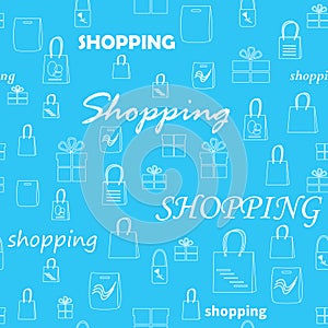 white silhouettes of shopping bags and boxes on blue background - vector seamless pattern