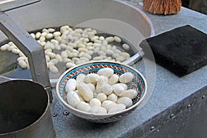 White Silkworm Cocoons Floating in Hot Water