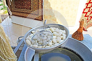 White Silkworm Cocoons Ready to Put in Hot Water to Harvest