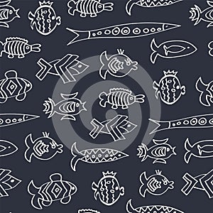 white sillhouette funny fish on navy background, vector seamless pattern