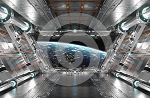 White and silver futuristic spaceship interior with window view on planet Earth 3d rendering