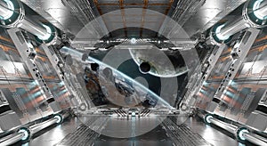 White and silver futuristic spaceship interior with window view on planets 3d rendering