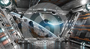 White and silver futuristic spaceship interior with window view on planets 3d rendering