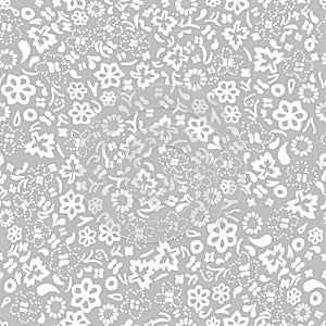 White on silver hand drawn random flower and leaf seamless repeat pattern background