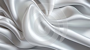 White silver silk satin fabric texture background with sweeping ripples and folds.