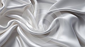 White silver silk satin fabric texture background with sweeping ripples and folds.