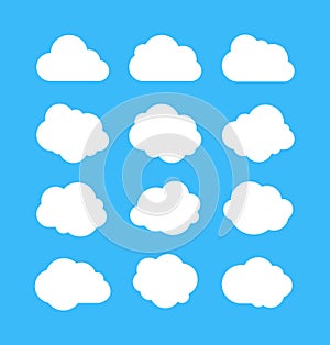 White simple clouds. Thinking bubbles, cloud message shapes. Cumulus isolated on blue background. Cartoon vector set