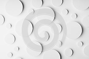 White simple geometric background with circles in soft light as softness tender airy pattern, top view. Futuristic minimal.