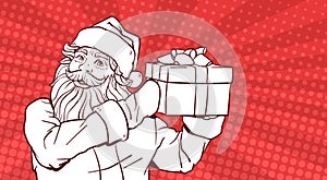 White Sketch Of Santa Claus Hold Gift Box Over Pop Art Comic Background Merry Christmas And Happy New Year Poster Design