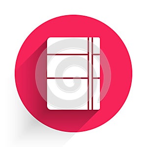 White Sketchbook or album icon isolated with long shadow. Red circle button. Vector