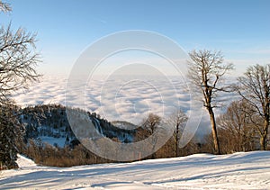 White ski slope above puffy clouds photo