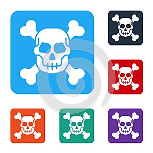 White Skull on crossbones icon isolated on white background. Happy Halloween party. Set icons in color square buttons