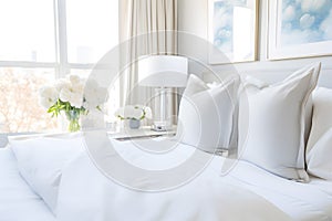 White sleeping room with a bed. Flowers and a lamp on the background.