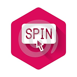 White Slot machine spin button icon isolated with long shadow background. Pink hexagon button. Vector