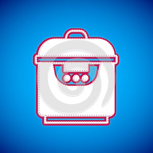 White Slow cooker icon isolated on blue background. Electric pan. Vector