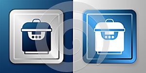 White Slow cooker icon isolated on blue and grey background. Electric pan. Silver and blue square button. Vector