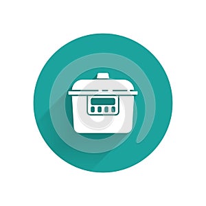 White Slow cooker icon isolated with long shadow. Electric pan. Green circle button. Vector