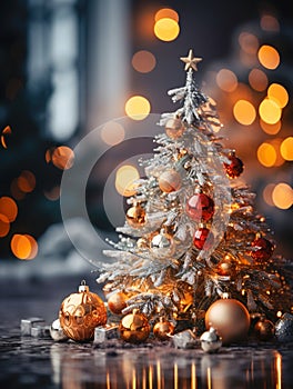 White small beautiful Christmas tree with gold decorations, blurred lights on the background.