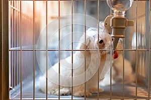 White small cute dog in the stainless cage licking water