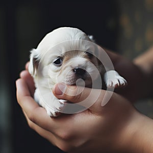 White small cute puppy on the chold hands. generative ai