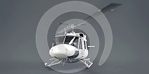 White small military transport helicopter on gray isolated background. The helicopter rescue service. Air taxi