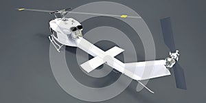 White small military transport helicopter on gray isolated background. The helicopter rescue service. Air taxi