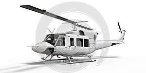 White small military transport helicopter on white isolated background. The helicopter rescue service. Air taxi