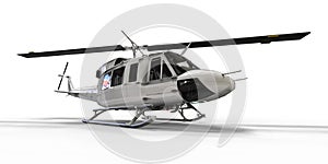 White small military transport helicopter on white isolated background. The helicopter rescue service. Air taxi