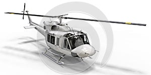 White small military transport helicopter on white isolated background. The helicopter rescue service. Air taxi