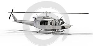 White small military transport helicopter on white isolated background. The helicopter rescue service. Air taxi