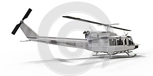 White small military transport helicopter on white isolated background. The helicopter rescue service. Air taxi