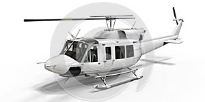 White small military transport helicopter on white isolated background. The helicopter rescue service. Air taxi