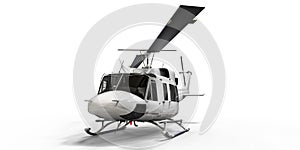 White small military transport helicopter on white isolated background. The helicopter rescue service. Air taxi