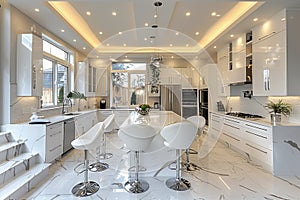 A white small U-shaped kitchen with a marble counter top and white chairs