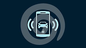 White Smart car alarm system icon isolated on blue background. The smartphone controls the car security on the wireless