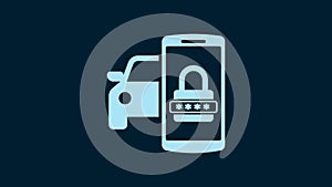 White Smart car security system icon isolated on blue background. The smartphone controls the car security on the