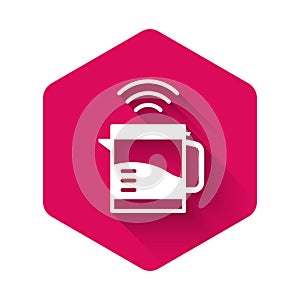 White Smart electric kettle system icon isolated with long shadow. Teapot icon. Internet of things concept with wireless