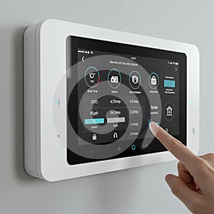 A white smart home control panel is mounted on a wall. It features a touchscreen